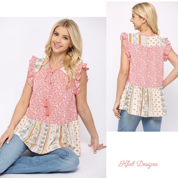 LAST 2! Flutter Sleeve Boho Woven Mixed Print Tassel Tie Top! - Picture 2 of 7